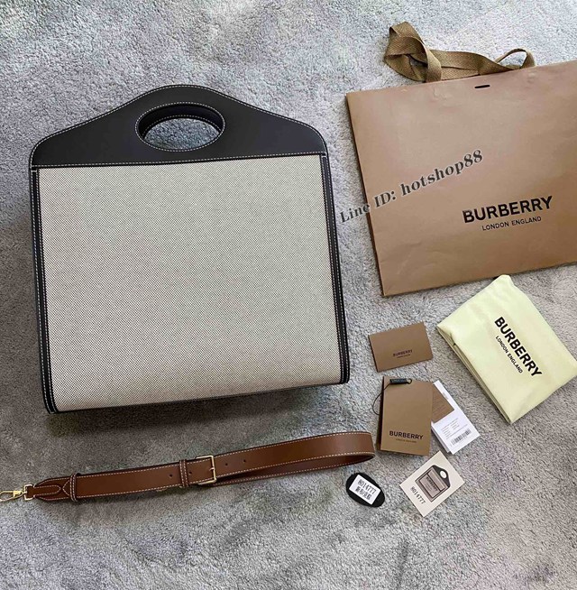 Burberry專櫃新款大號41cm撲克包 巴寶莉焦糖咖啡奶油白手提托特包 yxb1103